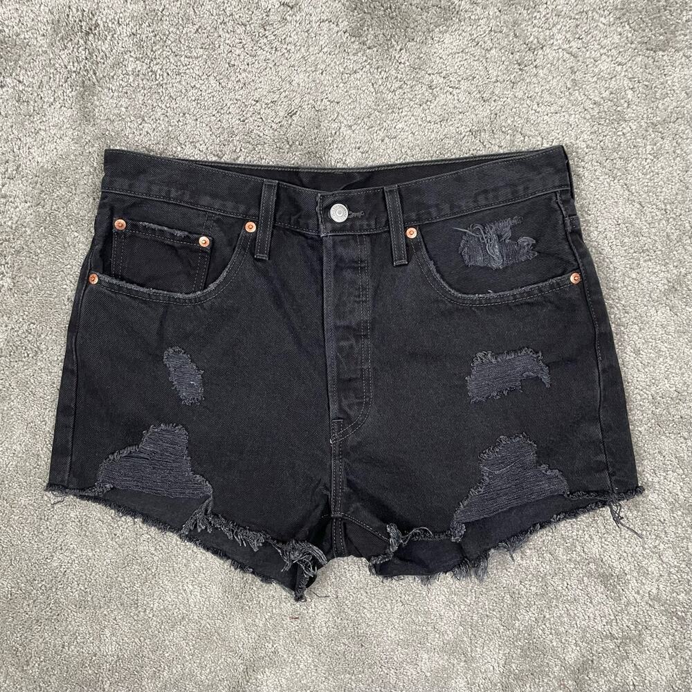 Levis 501 High-Rise Denim Shorts Womens 31 Black Distressed Premium Denim NWOT